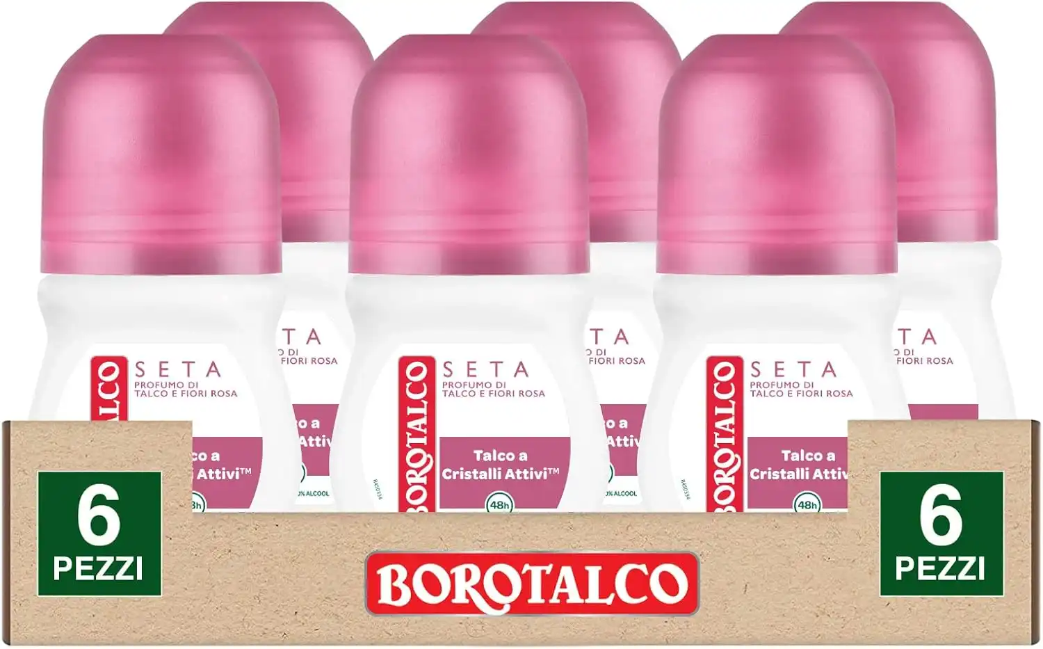 6x Borotalco Deodorante Roll-On Seta Profumo di Talco e Fiori Rosa 6x50ml