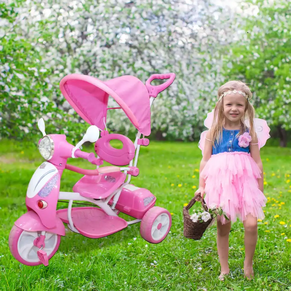 Triciclo Vespina per Bimbo Bambini con Cappottina e Maniglia Direzionabile Rosa