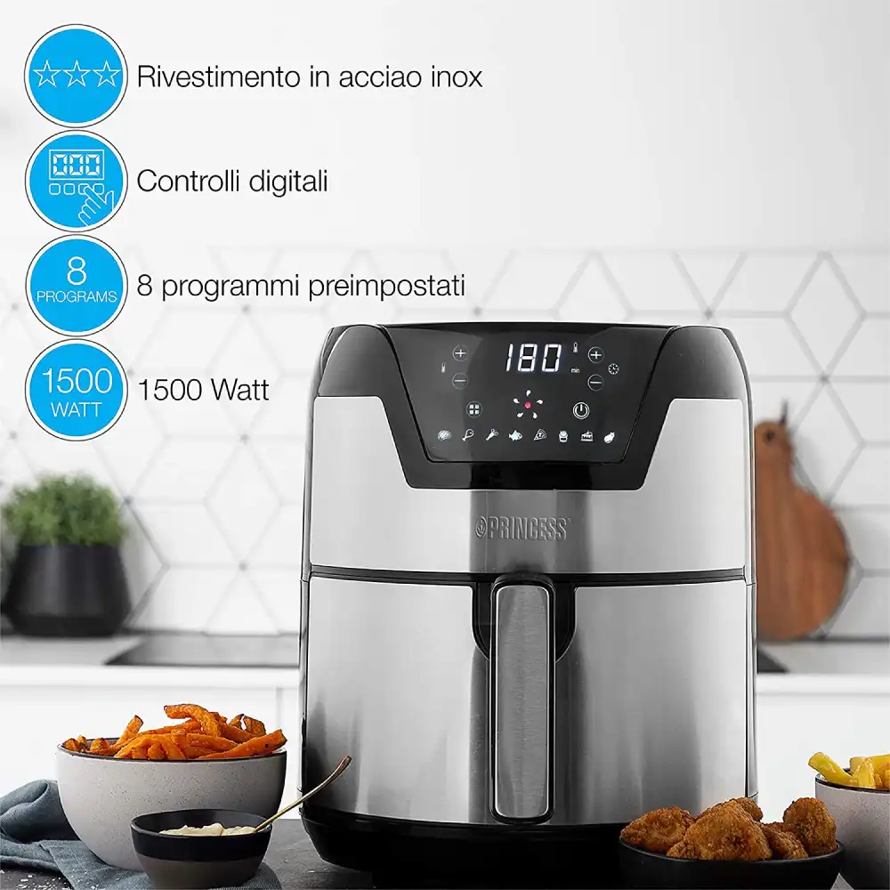 Friggitrice Digitale Aerofryer XXL 1500W 4.5 Litri in Acciaio Inossidabile Nera