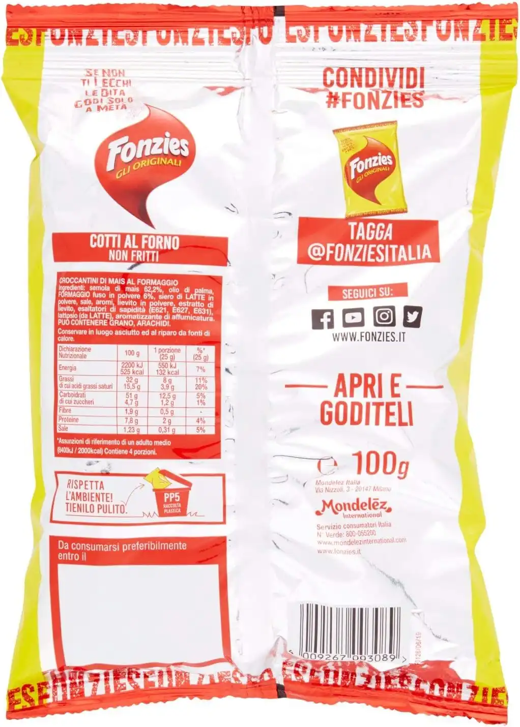 24x Buste Patatine Fonzies Gli Originali Croccantini di Mais a Formaggio 24x100g