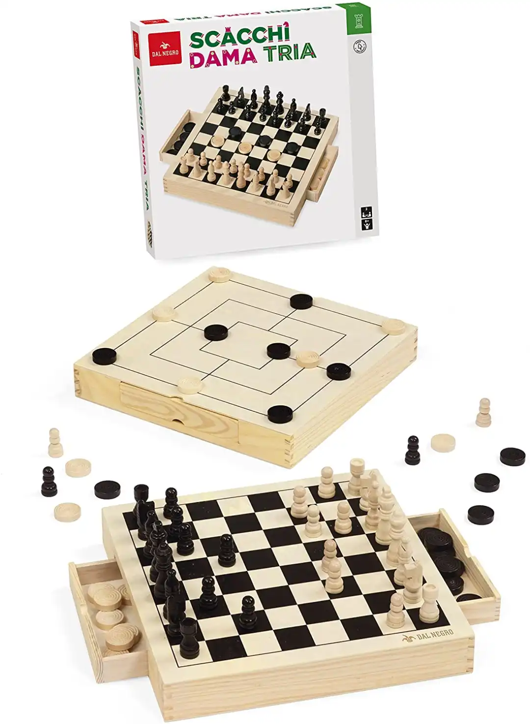 Gioco da Tavolo Scacchi Dama Tria in Legno Scacchiera Pedine Pedina 3 in 1