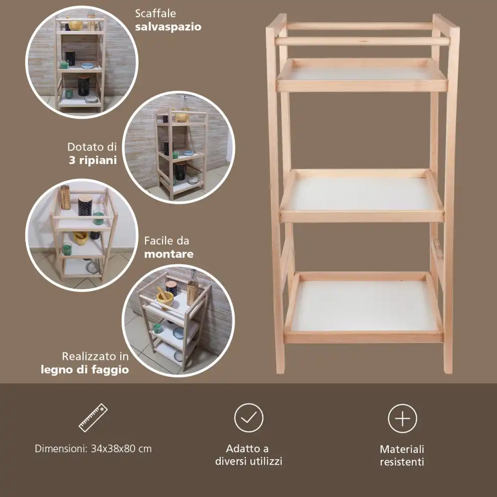 Scaffale a 3 Ripiani in Legno di Faggio 34 x 38 x 80h cm Salvaspazio 3 Mensole