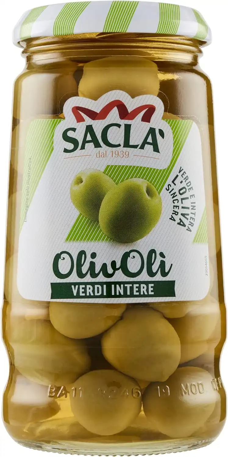 Confezione da 12 Pezzi Olive Verdi Interi Sacla' da 300 gr (170g sgocciolato)