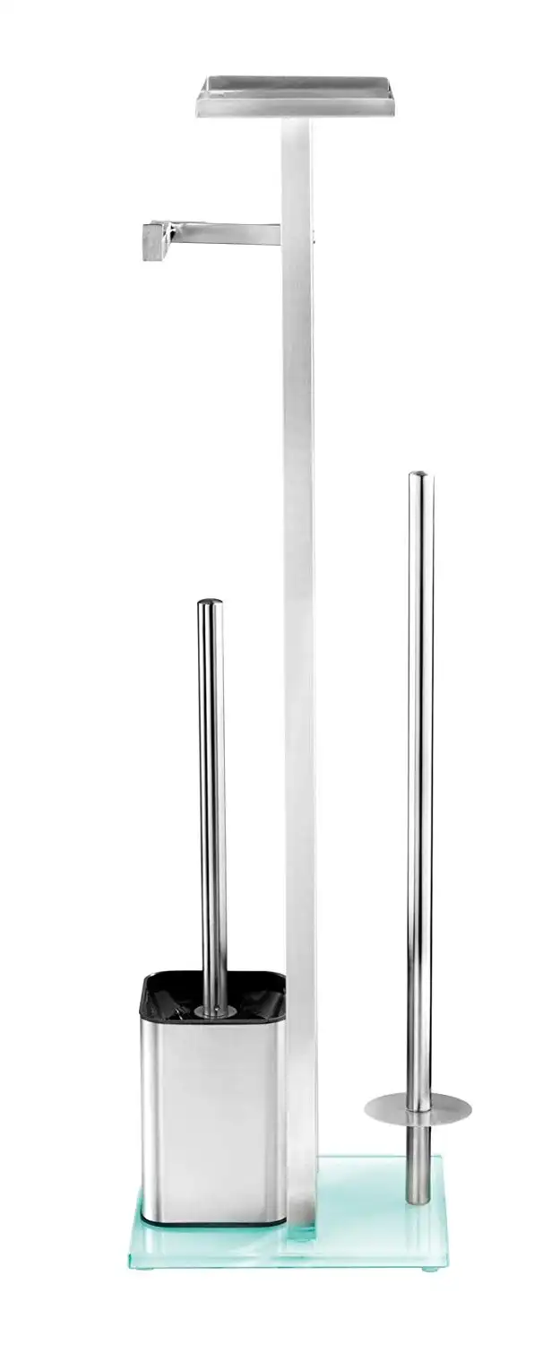 Piantana Portarotolo e Scopino Set Wc Bagno Con Mensola in Acciaio Inox