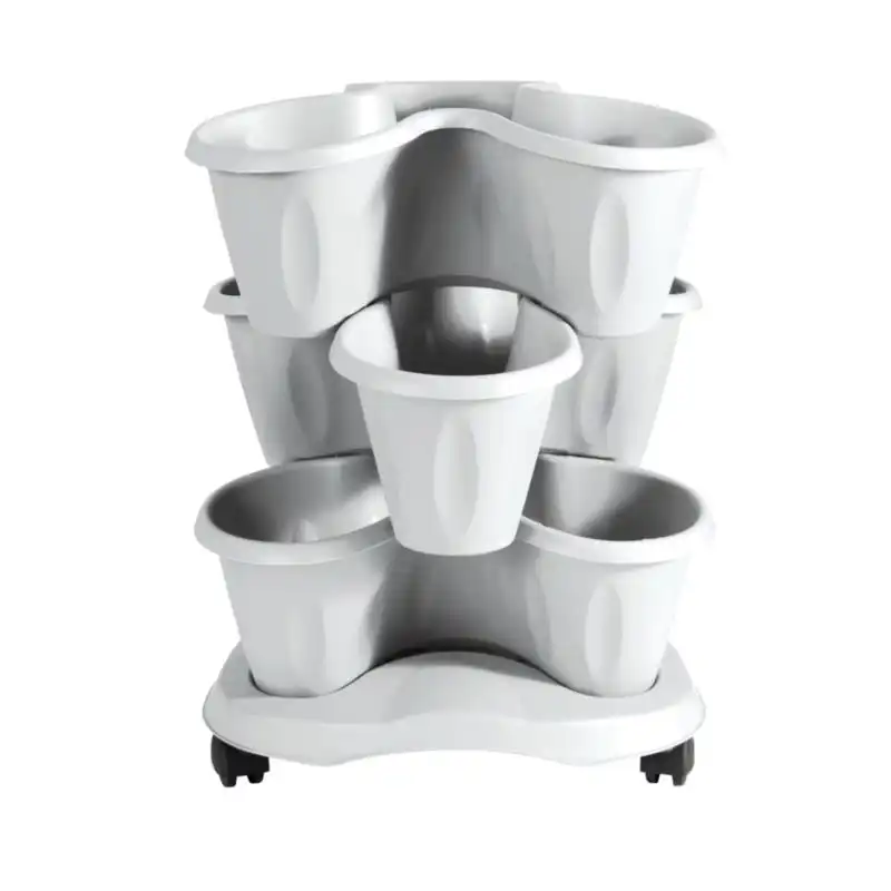Set 3 Vasi Trifoglio Per Piante 6 Litri Con Sottovaso e Ruote Bianco Bama