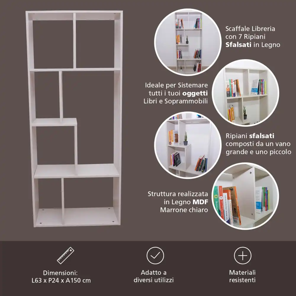 Scaffale Libreria con 7 Ripiani Sfalsati In Legno MDF 63x24x150 Bianco