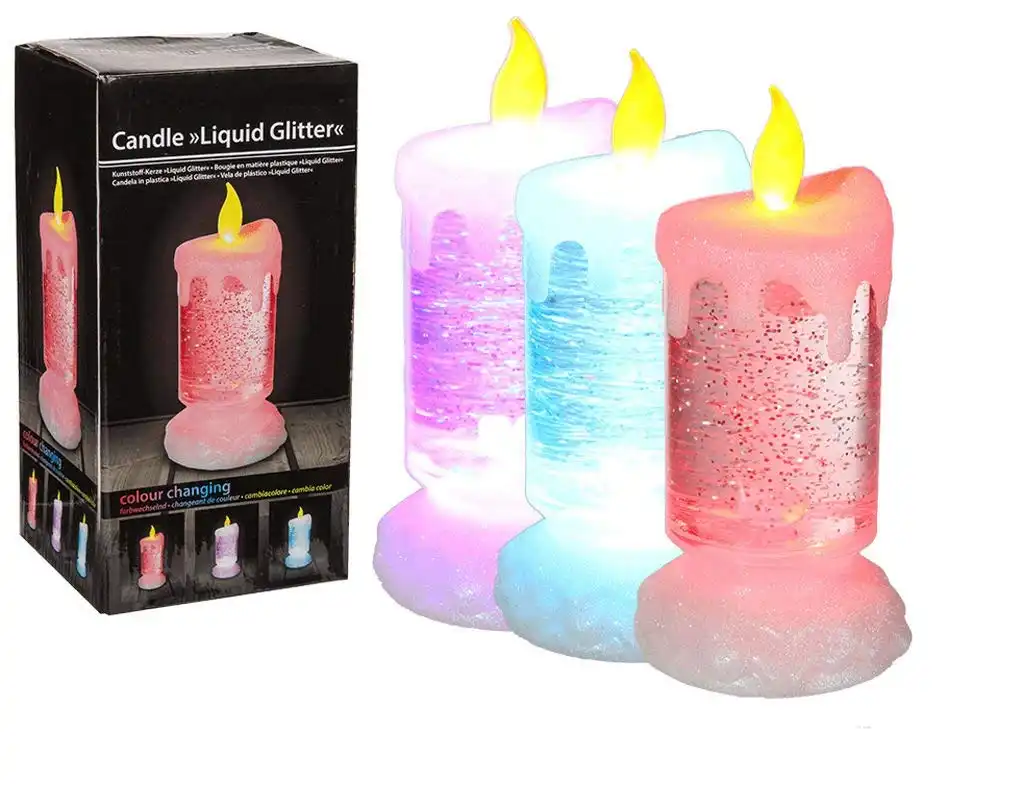 Candela In Plastica Glitterata Con Led Cambia Colore RGB Decoro Casa Giardino