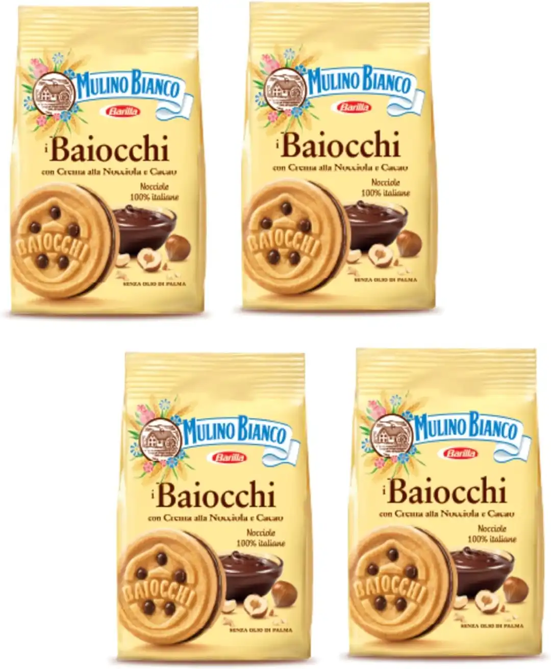 4 Confezioni di Mulino Bianco Biscotti Baiocchi con Crema alla Nocciola e Cacao