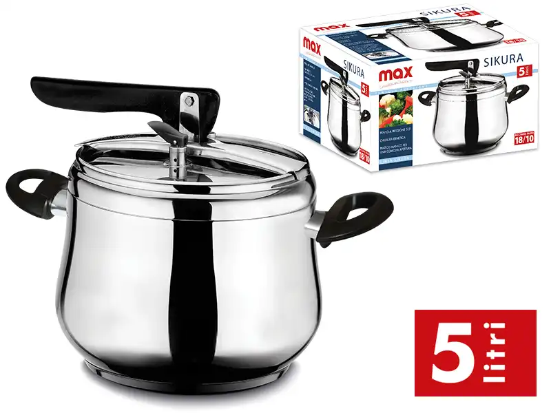 Pentola Pressione Sikura 5 LT Con Manici Laterali Coperchio Easygrip In Acciaio