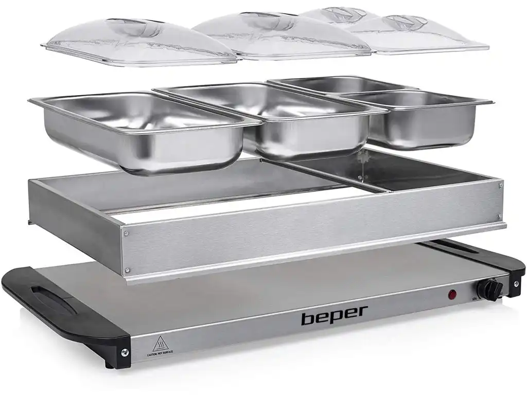 Scaldavivande Per Buffet in Acciaio Inox Con Termostato e 4 Vassoi Removibili