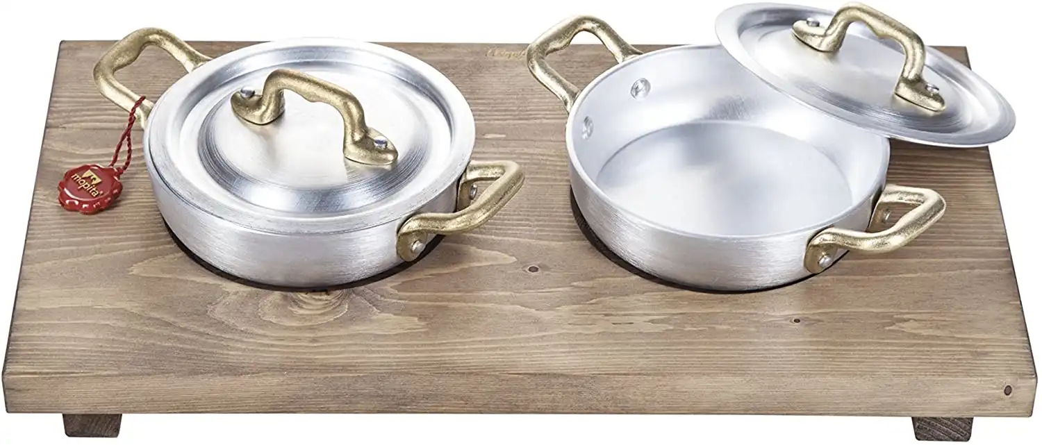 Set 2 Tegamini in Alluminio 12 Cm Con Vassoio In Abete Linea Ambiente Mopita