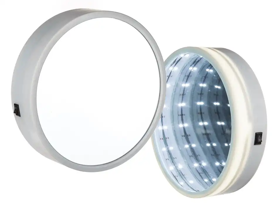 Specchio Bianco in Plastica Rotondo Tondo Tunnel Luminoso 18 Led Bianco Caldo