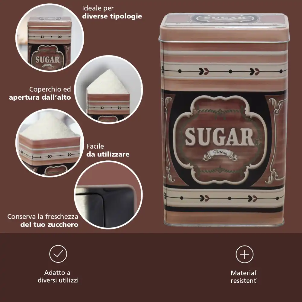 Scatola Barattolo in Latta Rettangolare Porta Zucchero Sugar Con Tappo