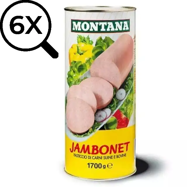 6x Carne in Scatola Montana Jambonet Patè di Carne Pasticcio Suino Bovino 1700gr