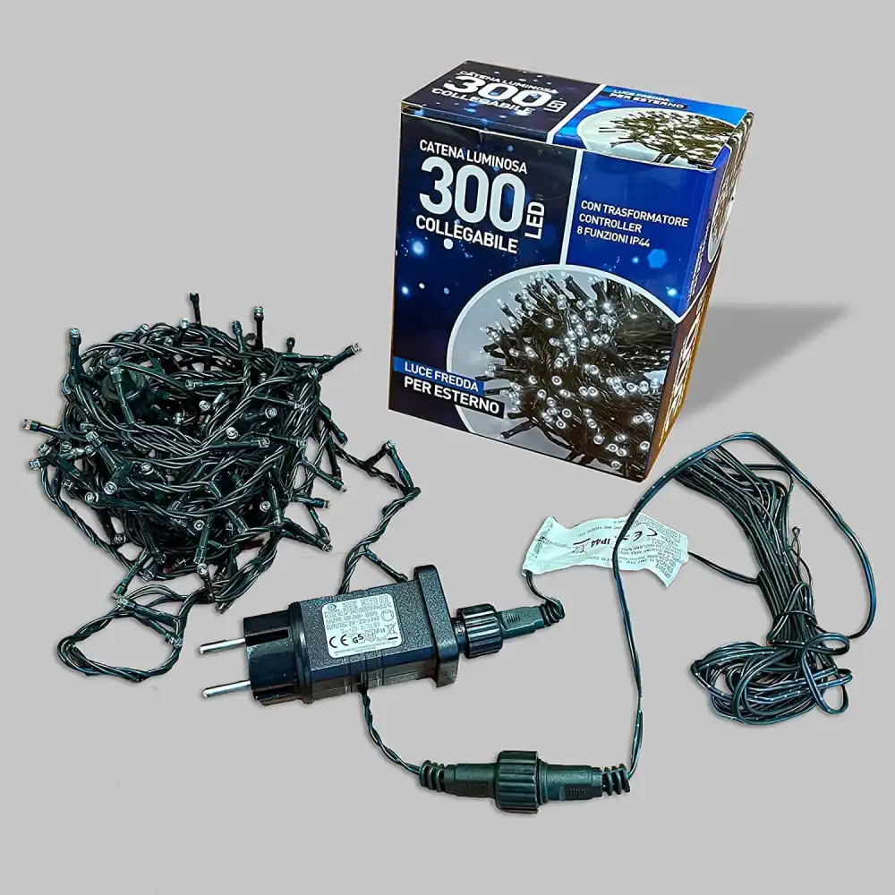 Catena Luminosa 300 Led Natalizia Luci Natale Bianco Freddo 10 Metri 8 Funzioni
