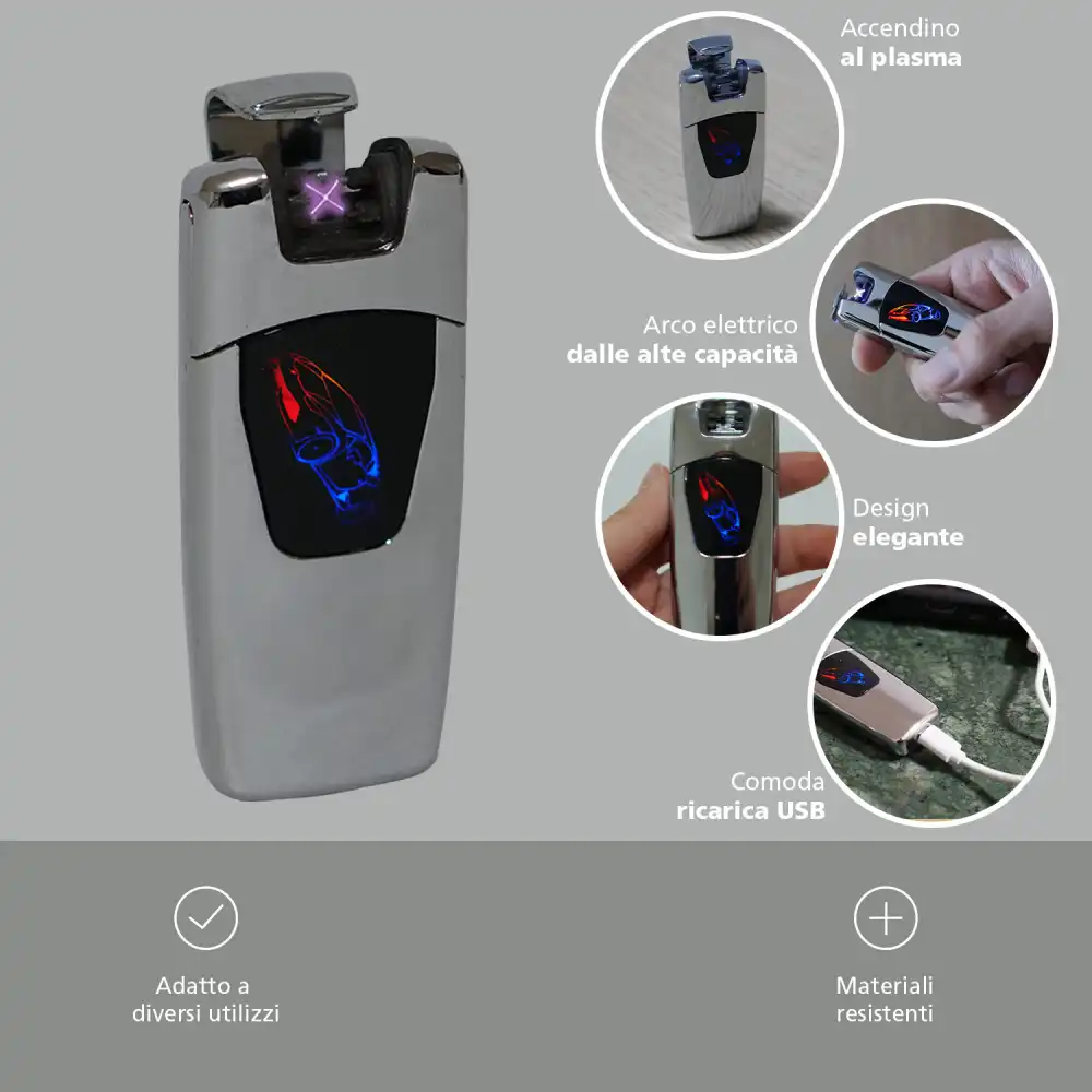 Accendino al Plasma ad Arco Elettrico USB Ricaricabile Modello Reno Silver