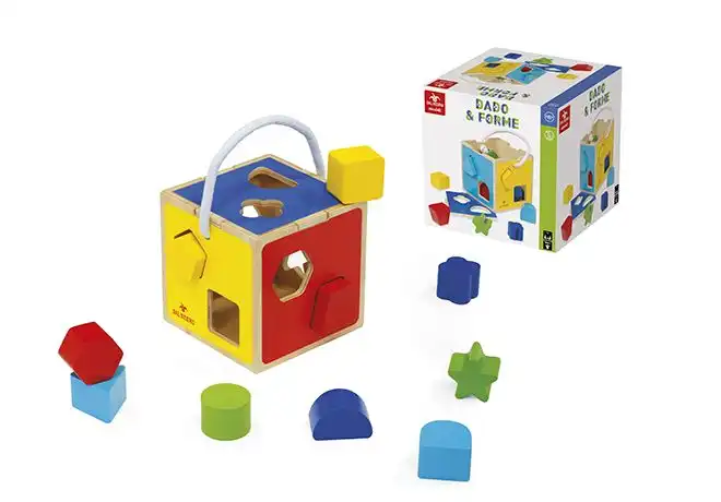 Dado Cubo Con Forme E Colori Tutto In Legno Con Maniglia Per I Primi Giochi