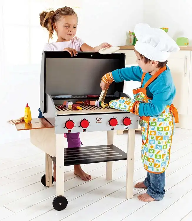 Griglia con Graticole Barbecue in Legno Gioco Bambini Inclusi Cibo Accessori