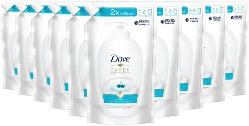 10x Dove Care & Protect Lavaggio a Mano Sapone Liquido 10 Sacchetti da 500 ml