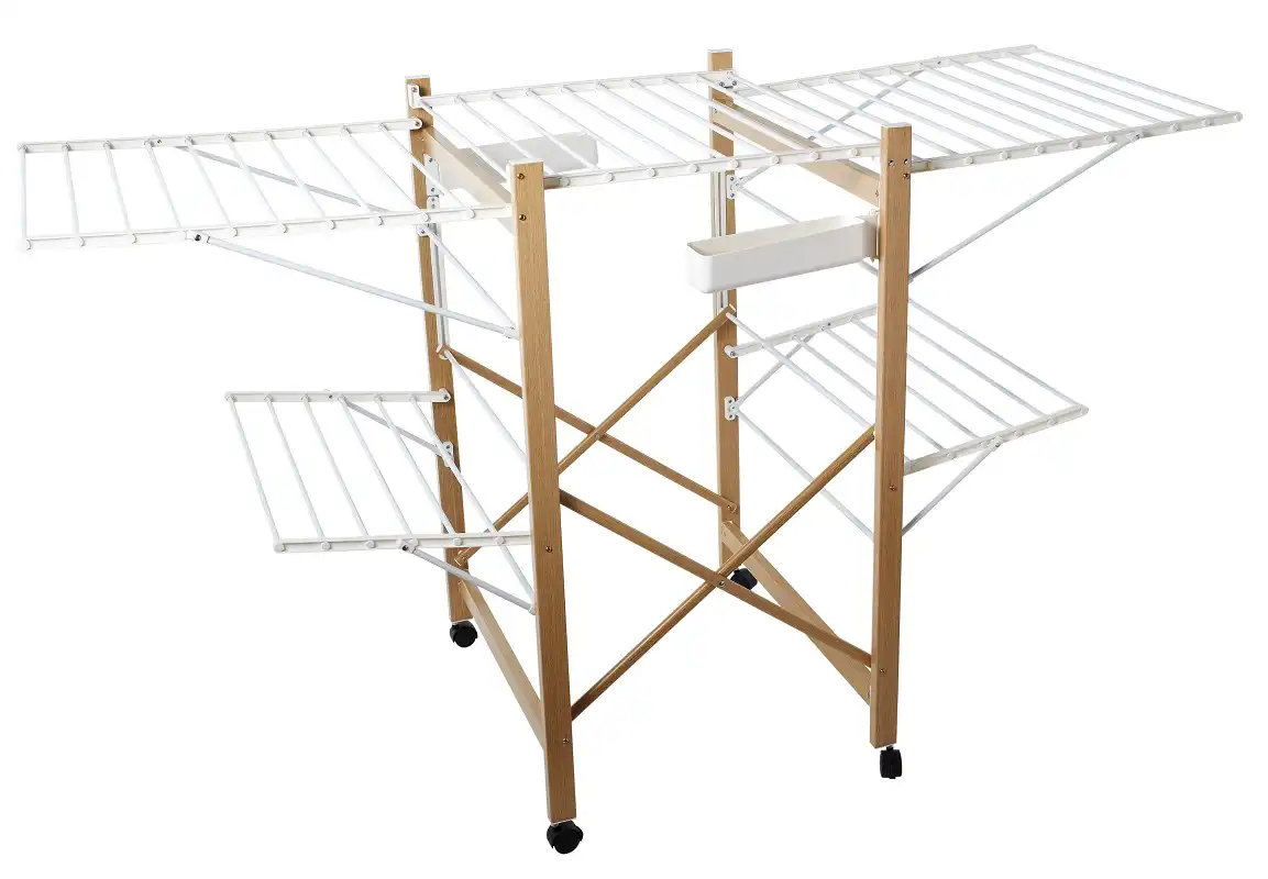 Stendibiancheria Wide in Acciaio Effetto Legno e Bianco Estensibile e Pieghevole