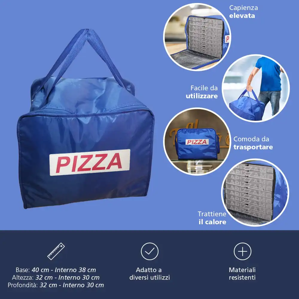 Zaino Borsa Termica Portapizza Porta Pizza da Asporto Chiusura a Zip Rosso o Blu
