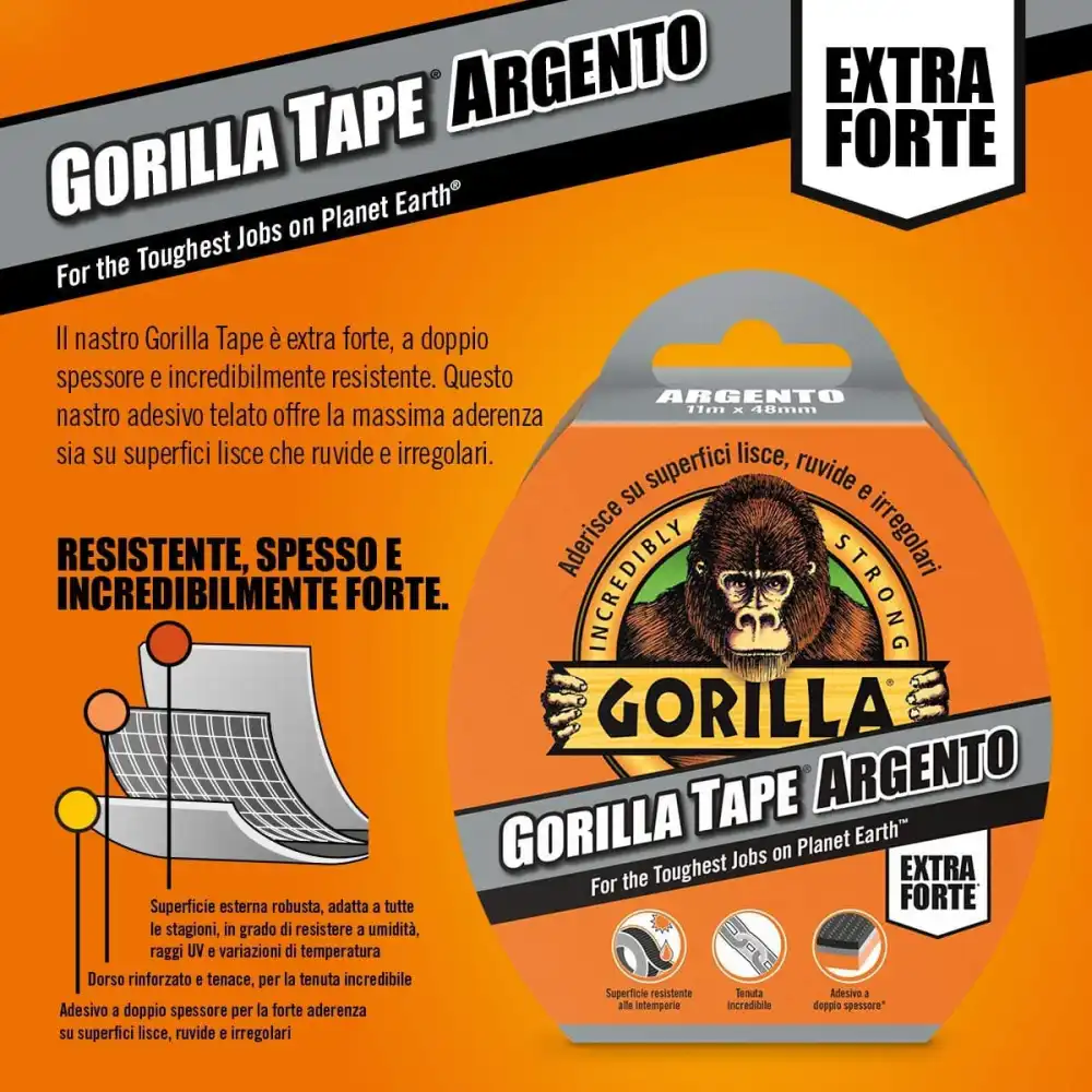 Gorilla Tape Argento 11M Nastro Adesivo Telato Doppio Spessore Extra Forte