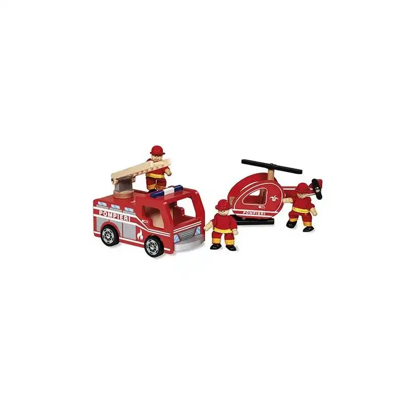 Gioco in Legno Camion Autopompa Elicottero dei Pompieri con Personaggi