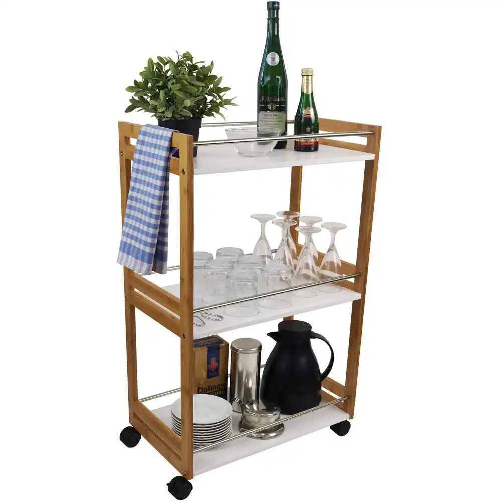 Carrello Carrellino da Cucina in Legno 3 Mensole Ripiano e 4 Ruote 51X30X80cm
