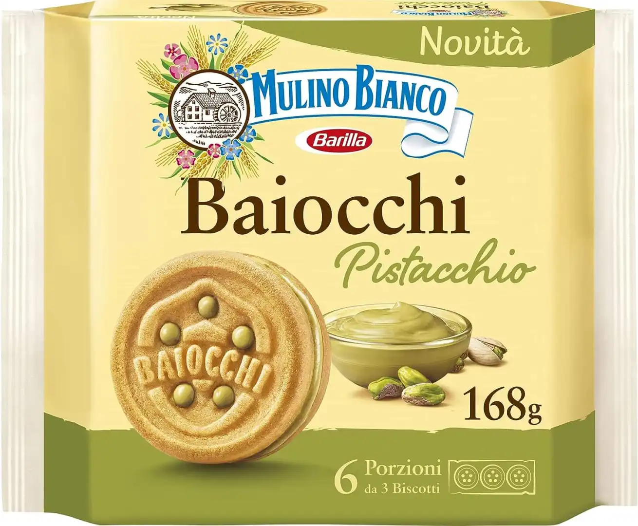 3 Confezioni Barilla Mulino Bianco Biscotti Frollini Baiocchi Pistacchio 168gr