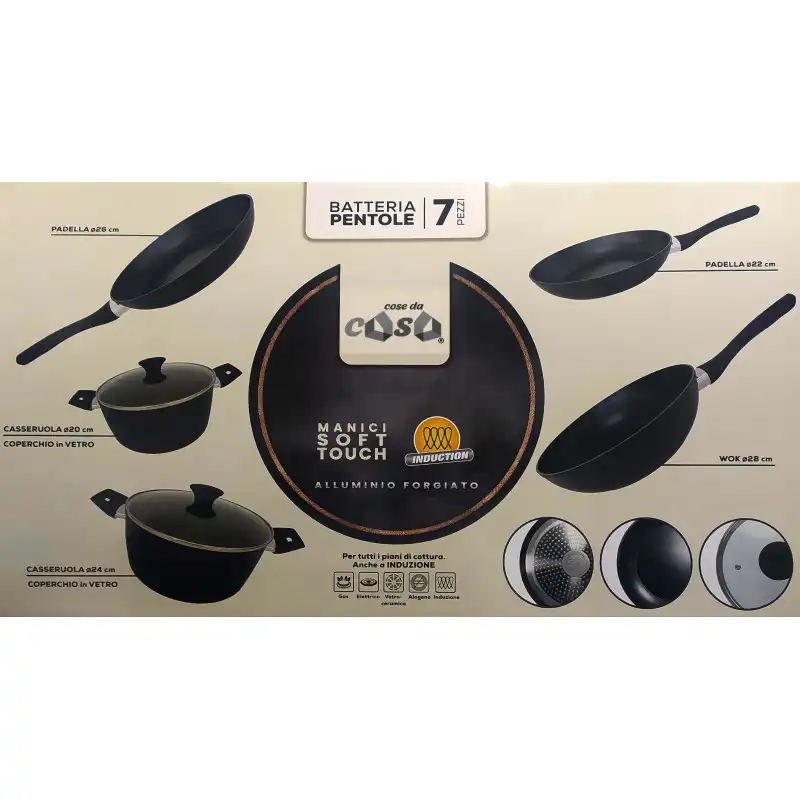 Batteria di Pentole a Induzione 7pz Casseruole Wok Padelle e Coperchi Mod.Sierra