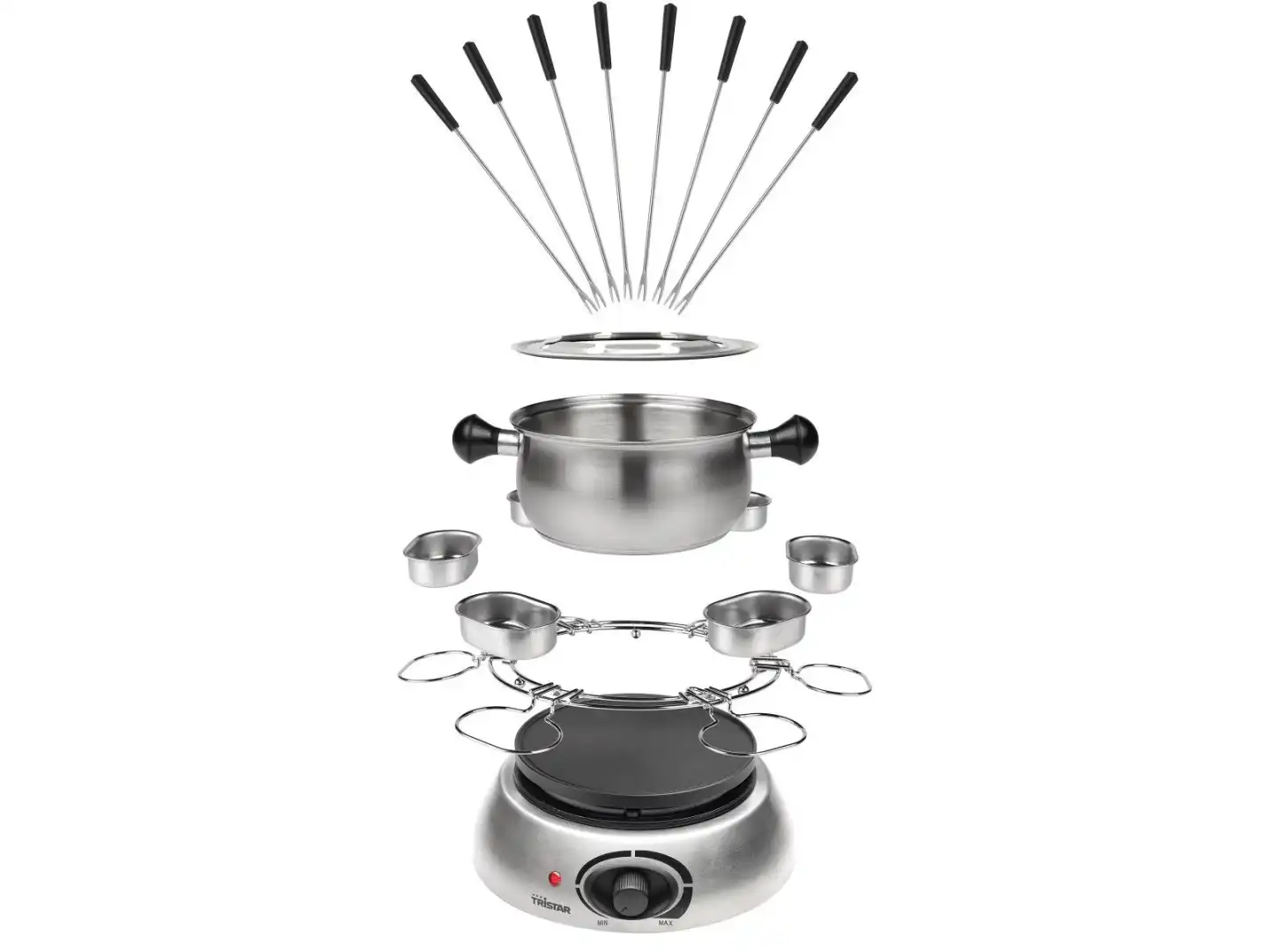 Set Fonduta In Acciaio Inox Temperato Professionale Con 8 Forchette 6 Ciotole
