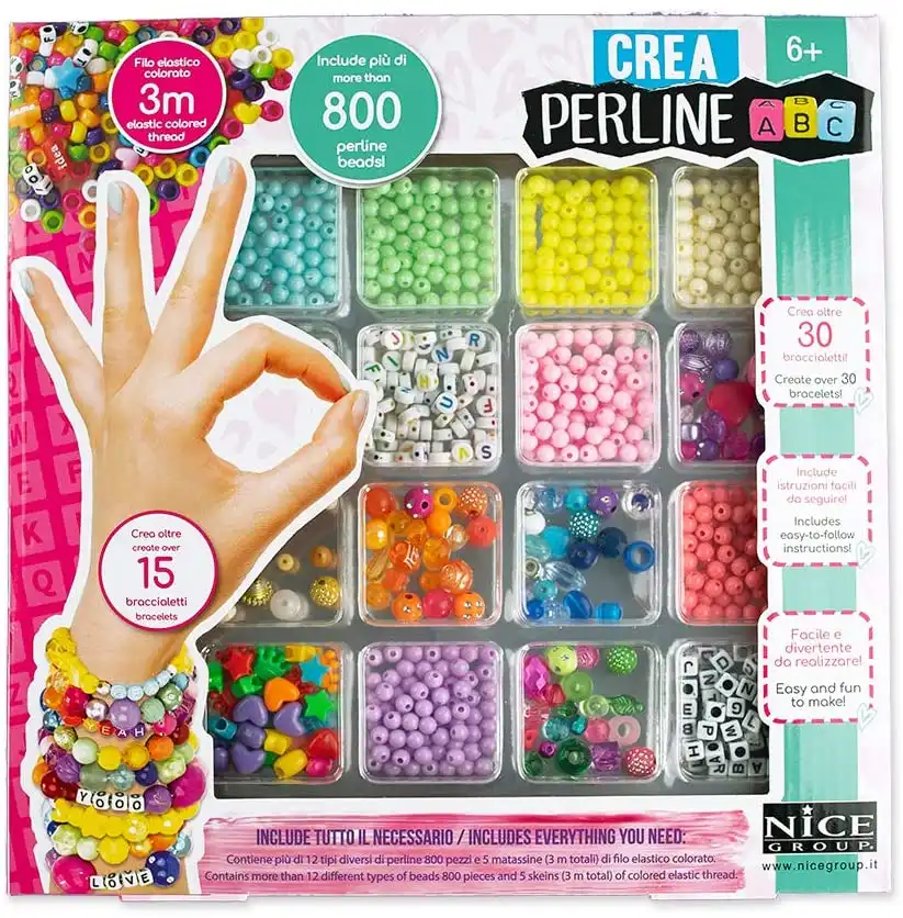 Crea Perline ABC Confezione da 800 Perline + Fili Elastici Gioco Bambine 6 anni+
