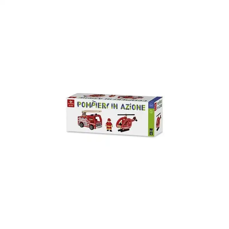 Gioco in Legno Camion Autopompa Elicottero dei Pompieri con Personaggi