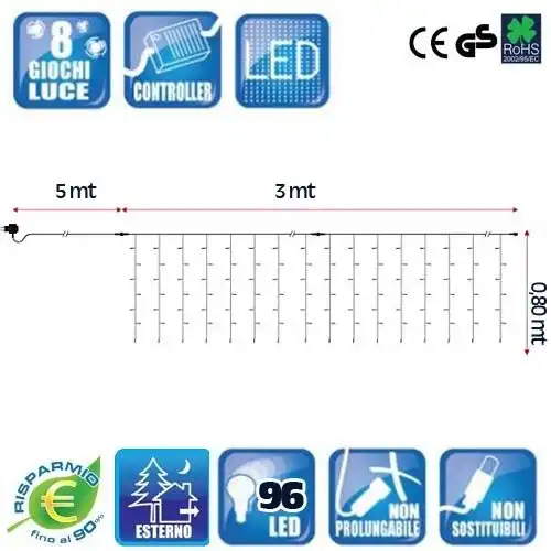 Tenda Luminosa 96 LED Luci Bianco Caldo 3 Metri Esterno Luce Addobbi Feste