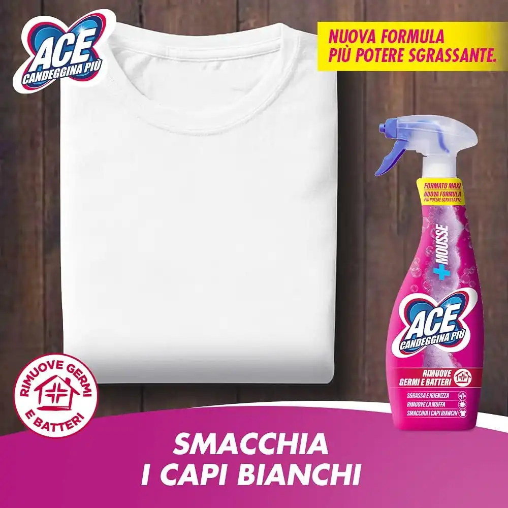 ACE Candeggina Piu' Spray Mousse 800 ml Rimuove Germi e Batteri