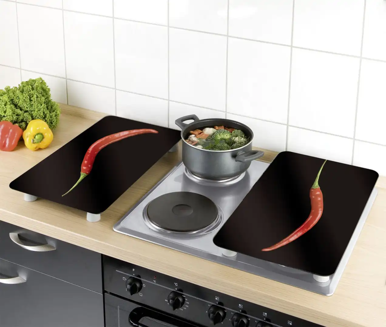 Set 2 Lastre Piano Cottura Coprifornelli in Vetro Temperato Peperoncino 60x52 Cm