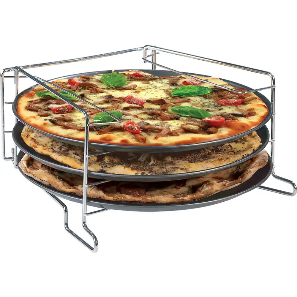 Set Cottura Pizze 3 Ripiani Con 3 Teglie Pizza e Supporto Forno Teglia 30 Cm