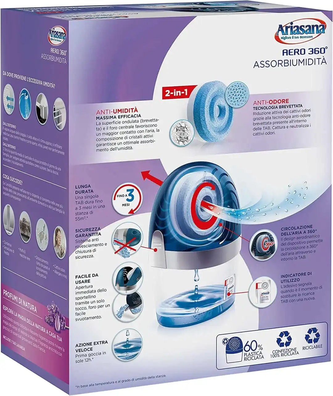 Ariasana Aero 360° Kit Assorbiumidità Deumidificatore Ricaricabile 2in1 Lavanda