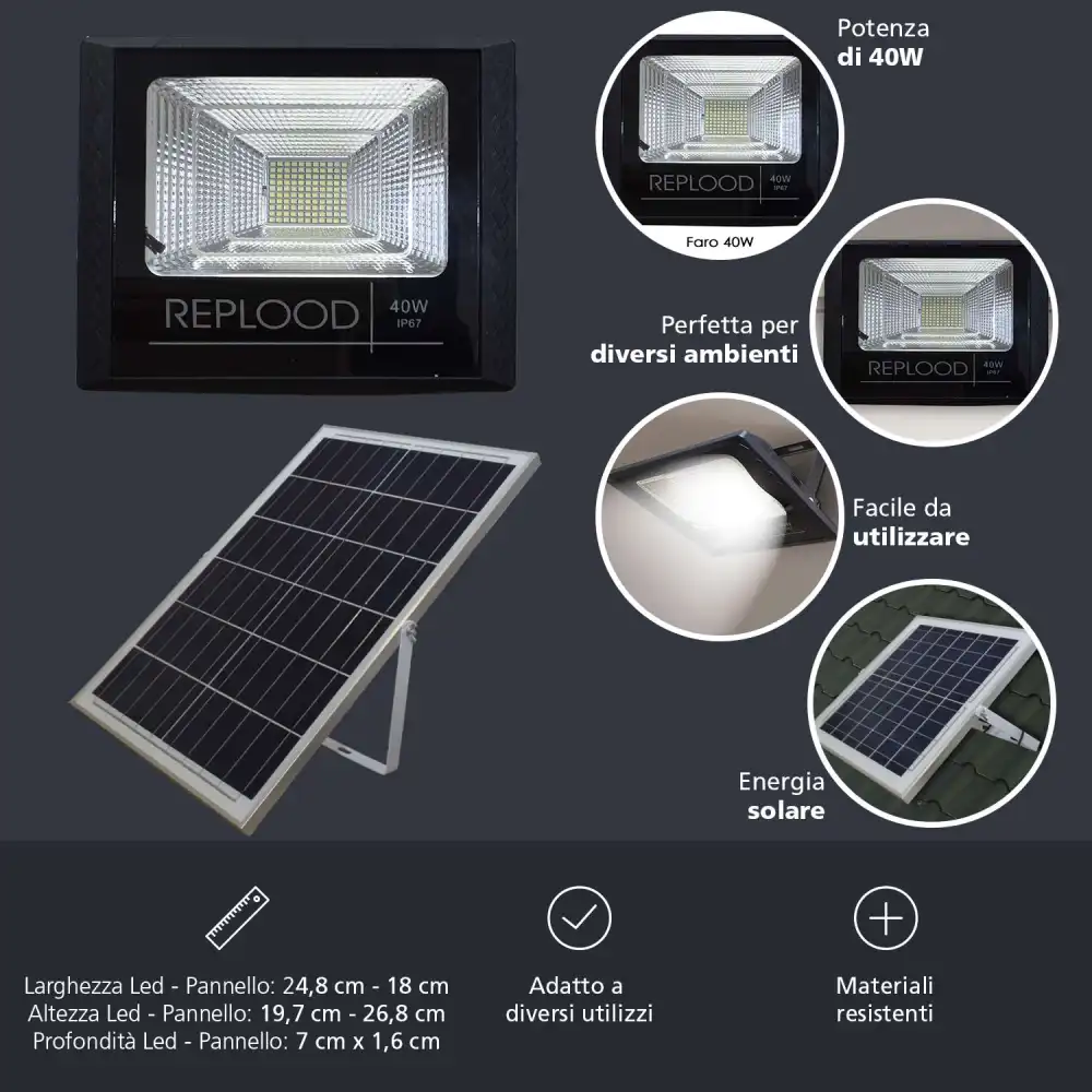 Faro Led 40W Con Pannello Solare Crepuscolare + Telecomando IP67 40 W