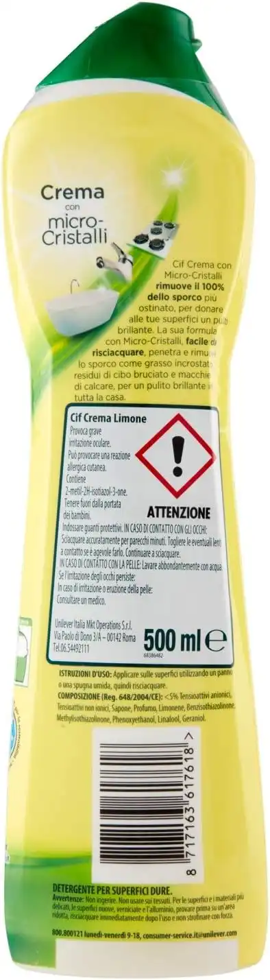 8 Pezzi Cif Crema Detergente per Superfici Dure a Limone da 500ml x 8pz 617618