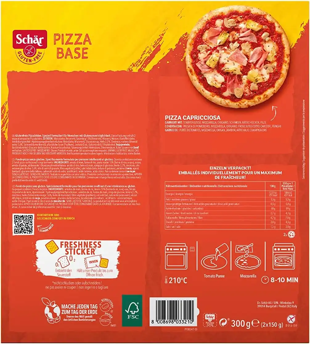 8x Schar Pizza Base con Pasta Madre Fondo Pizza da Farcire Senza Glutine 8x300gr