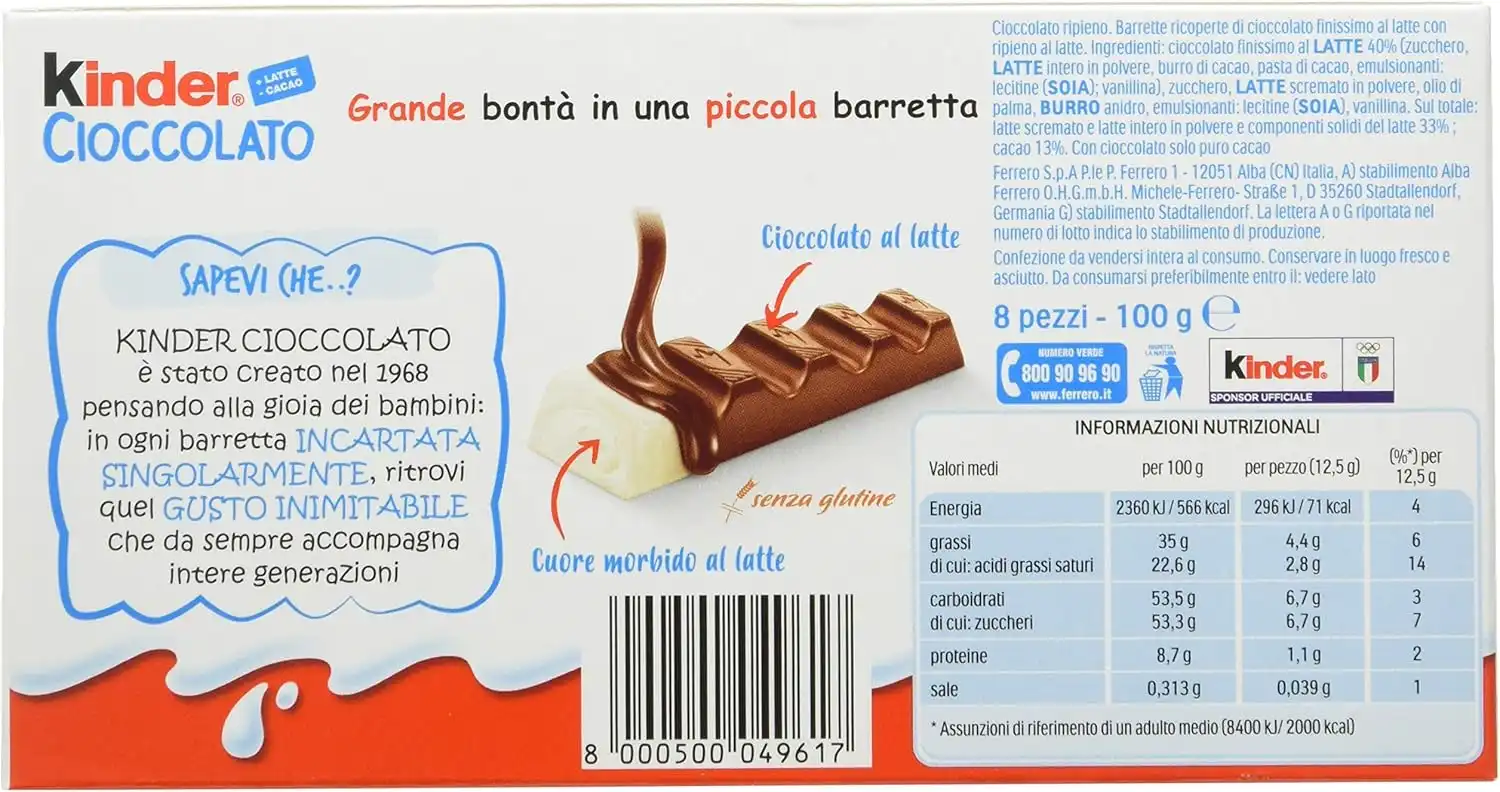 10x Ferrero Kinder Barrette di Cioccolato al Latte 10x100g